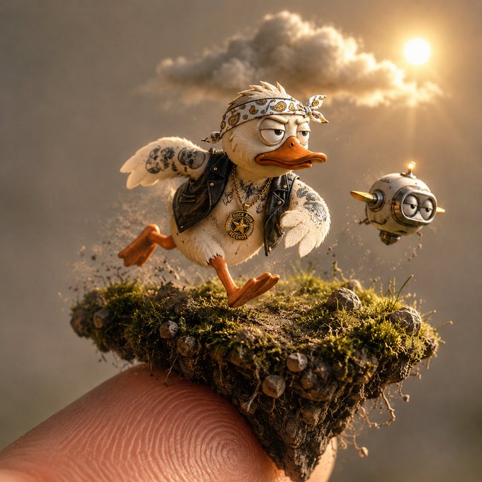 A whimsical, stylized image of a duck character wearing a bandana, studded leather vest, and gold chains, standing on a small floating island of earth held by a human hand, accompanied by a small robotic drone with large eyes.