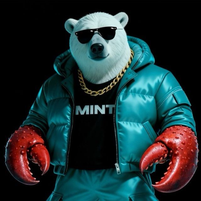 A stylized 3D render of a white polar bear wearing black sunglasses, a gold chain, a teal puffer jacket, and a black shirt with 'MINT' written on it, with its paws replaced by large red crab claws.