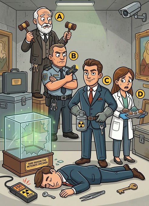 A cartoon illustration showing a secure facility with four labeled figures (A-D): a man with gavel and keys, a guard with a gun, a worker holding a radioactive container, and a scientist with a tray of samples, while a person lies on the floor near a 'RARE RADIOACTIVE METEORITE SPECIMEN' display case with a Geiger counter.