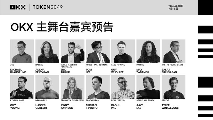 A speaker lineup announcement for "OKX | TOKEN 2049" dated "2025年10月7日-8日" (October 7-8, 2025) showcases black-and-white headshots of industry figures including Michael Blaugrund (ICE), Adena Friedman (NASDAQ), Eric Trump (World Liberty Financial), Tom Lee (Fundstrat/Bitmine), Guy Yuollet (A16Z Crypto), and others.