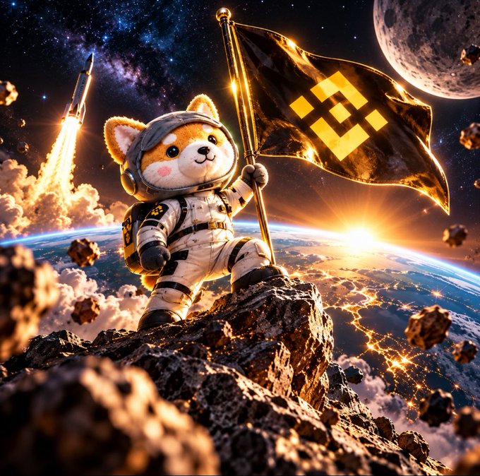 An AI-generated fantasy illustration of a Shiba Inu dog dressed as an astronaut planting a Binance flag on an asteroid in space.