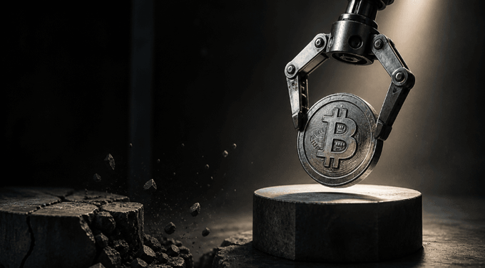 A robotic claw gripper holding a physical Bitcoin coin above a cracked stone pedestal in a dark, dramatic lighting setup.