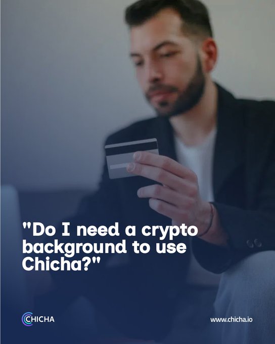 An advertisement featuring a bearded man in a blazer holding a credit card, with text asking 'Do I need a crypto background to use Chicha?' alongside the Chicha logo and website.