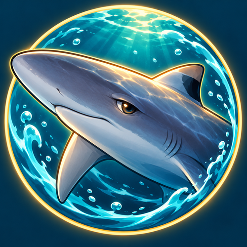 A digital illustration of a great white shark swimming underwater, framed within a glowing circular bubble design.