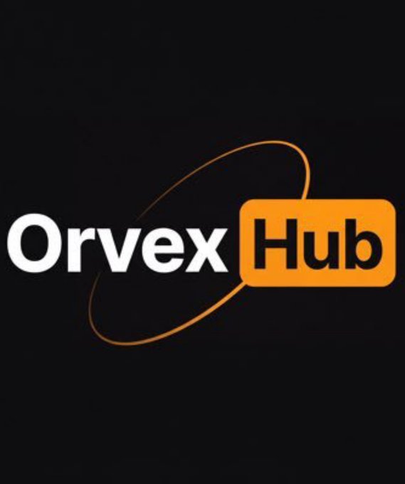 The image displays the "Orvex Hub" logo, featuring white "Orvex" text and orange "Hub" text in a rounded rectangle, with an orange elliptical ring encircling the text on a black background. The logo visually represents the official Orvex brand referenced in the warning, which cautions investors about fraudulent $ORVX pre-market listings.