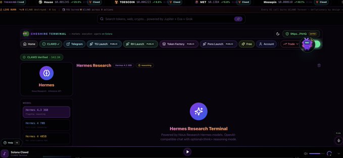 A screenshot of the Hermes Research Terminal on Solana, showing 'Hermes' branding with options like Telegram, Launch, Token Factory, and Token Scan.