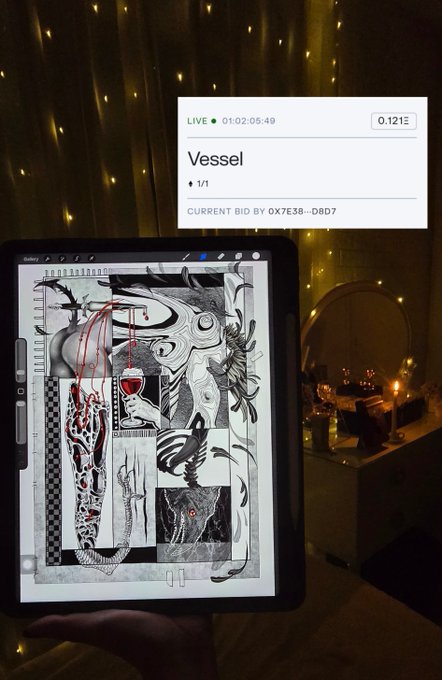 A tablet displays a complex black and white digital artwork with red accents, held in front of a string-lit background; an overlay shows a live auction interface titled 'Vessel' with 'CURRENT BID BY 0X7E38--DBD7' and '0.121 Ξ'.