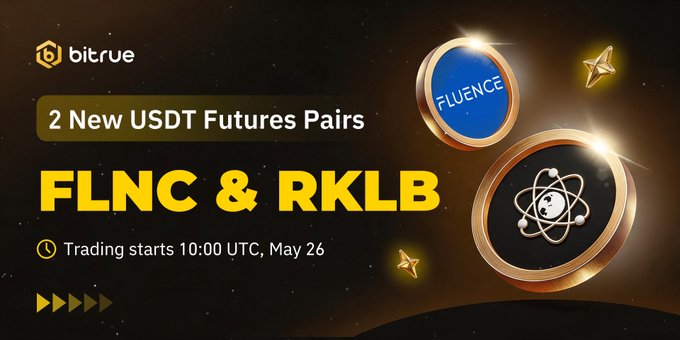 The image features a poster for Bitue's new perpetual futures pairs. The poster has a black background with gold text that reads "2 new USDT Futures Pairs FLNC & RKLB Up to 20x leverage Trading starts: 10:00 UTC, May 26 Details: support.bitrue.com/hc/en-001/arti". The poster also includes three circles and stars on it, which are related to the future of Bitcoin.