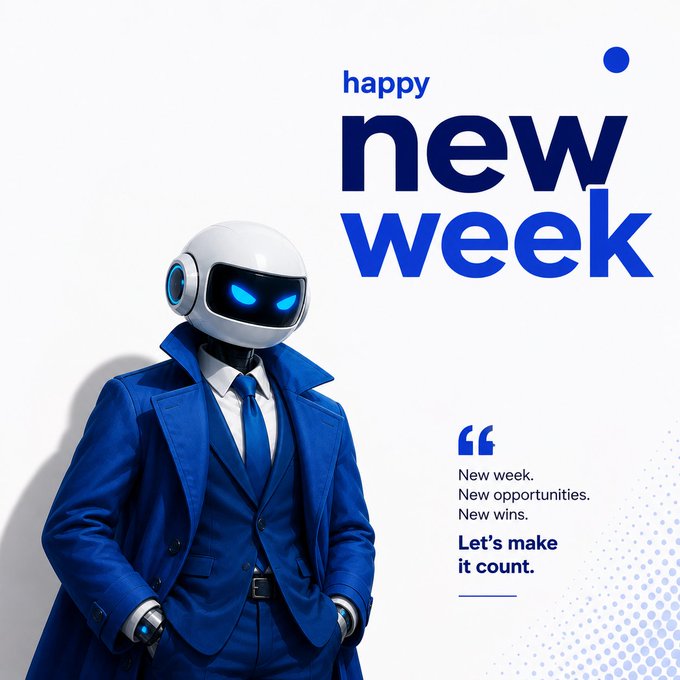 A 'happy new week' graphic featuring a humanoid robot in a blue suit and tie with glowing blue eyes, alongside motivational text reading 'New week. New opportunities. New wins. Let's make it count.'