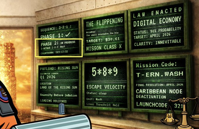 A cartoon-style digital display board with six green LED-style screens shows mission-related text including "PHASE 2: IN PROGRESS," "T-MINUS 1-0-3 DAYS," "THE FLIPPENING" with a target of $30.61, "LAW ENACTED DIGITAL ECONOMY" targeting April 2026, and a "Mission Code: T-ERN.WASH" with "LAUNCHCODE 321" referencing the Caribbean. The image relates to the post by counting down to the date June 27, where the "103 days" countdown and "321" launchcode align with the prediction's timeline.
