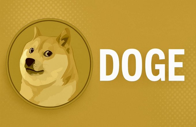 A golden coin featuring the iconic Doge Shiba Inu meme face sits beside bold white "DOGE" lettering, perfectly capturing the excitement over the $DOGE cryptocurrency referenced in the post.