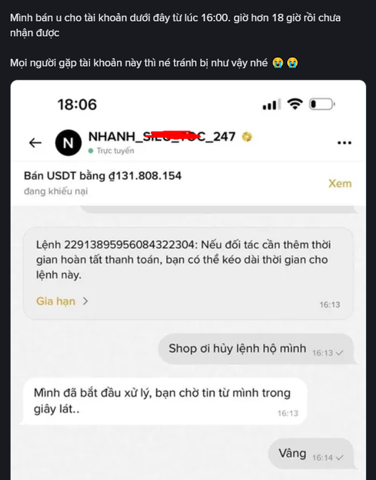A Vietnamese text warning about a scam account, accompanied by a screenshot of a P2P USDT sale chat on Binance where the buyer requests order cancellation.