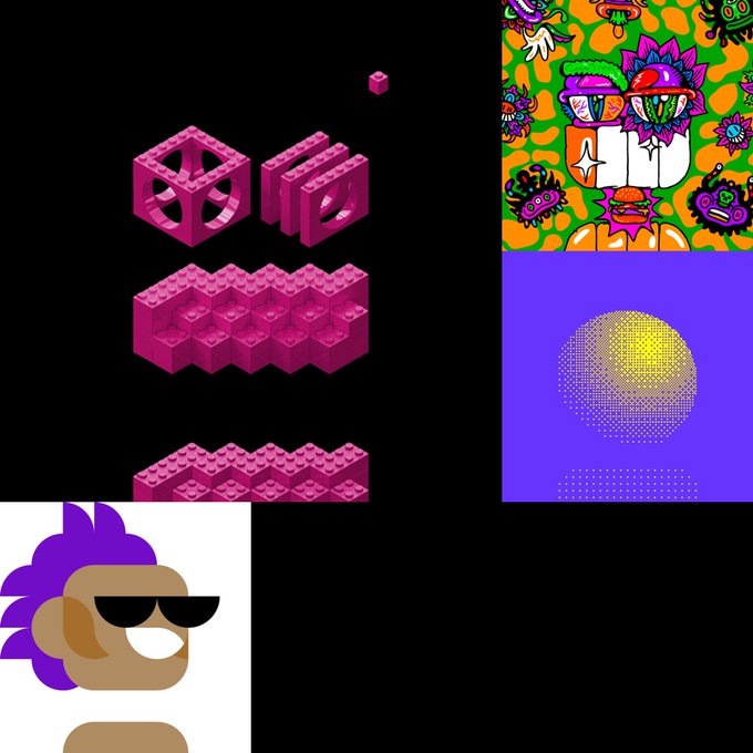 A collage featuring pink Lego-style blocks, a colorful psychedelic mushroom character illustration, a halftone moon/sun on blue, and a cartoon character with purple hair wearing sunglasses.