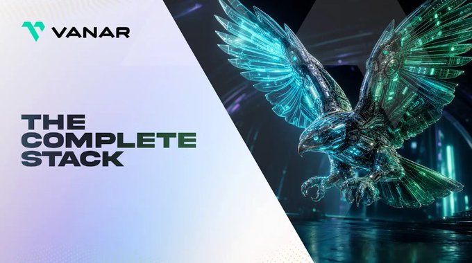 The image features a bird sculpture with wings spread wide as if ready to take flight. The background of the image has a gradient color scheme transitioning from purple at the top to green at the bottom, creating an artistic and visually appealing effect. Below the bird sculpture is a white banner that reads "The Complete Stack" in black text against the purple background.