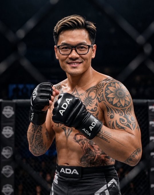 A smiling man with glasses and extensive tribal tattoos on his chest and arms, wearing black MMA gloves and shorts branded with 'ADA', posing in a fighting stance inside an MMA cage.