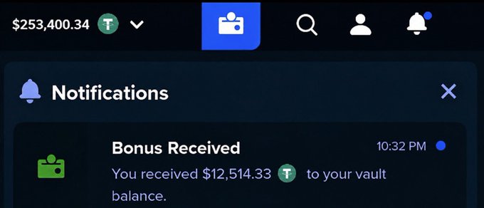 A screenshot from Stake.com shows a notification confirming a "Bonus Received" of $12,514.33 T added to the user's vault balance at 10:32 PM, with the user's total balance displayed as $253,400.34 at the top. The image serves as proof of the $12,514 bonus the user mentioned receiving in their giveaway post.