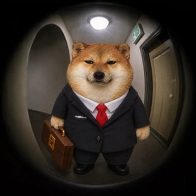 A digital artwork featuring a Shiba Inu (Doge) dog character wearing a black business suit with a red tie, holding a briefcase, viewed through a peephole lens effect.