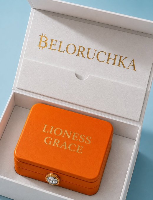 Beloruchka 'Lioness Grace' - A high-end jewelry photograph showing an orange leather 'LIONESS GRACE' branded box nestled inside a larger white 'BELORUCHKA' presentation box against a light blue background.