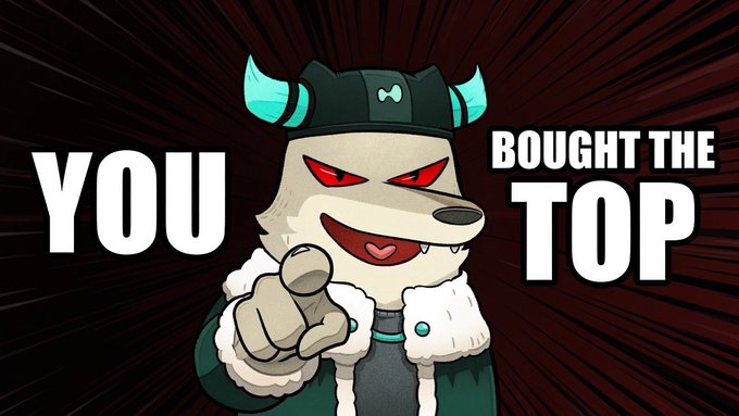 A cartoon character, a smiling wolf wearing a horned helmet and fur-collared jacket, pointing at the viewer against a dark radial background, with the text 'YOU BOUGHT THE TOP'.