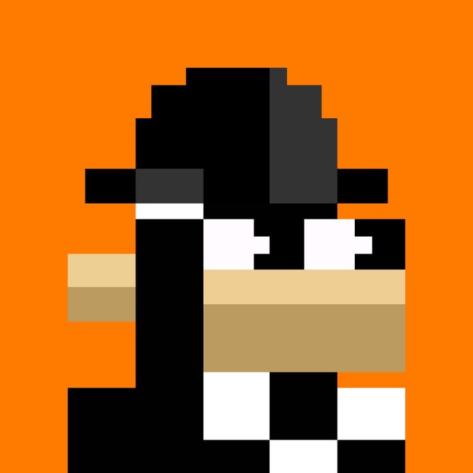 A pixel art character portrait on an orange background shows a figure in a black wide-brimmed hat with white square-patterned glasses and a tan scarf.