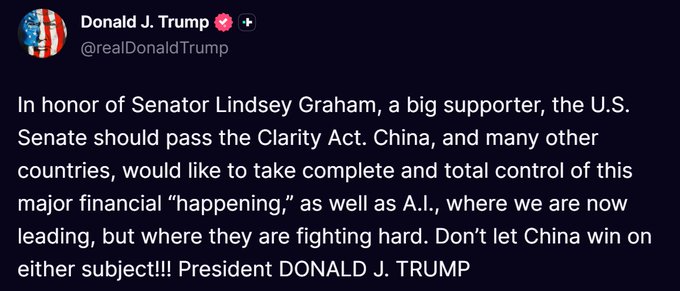 A screenshot of a post from Donald J. Trump's Truth Social account (@realDonaldTrump) calling on the U.S. Senate to pass the Clarity Act to prevent China from gaining control over cryptocurrency and A.I., in honor of Senator Lindsey Graham. The post aligns with the accompanying news caption, with Trump's warning about China seeking "complete and total control" of crypto being highlighted as the key message.