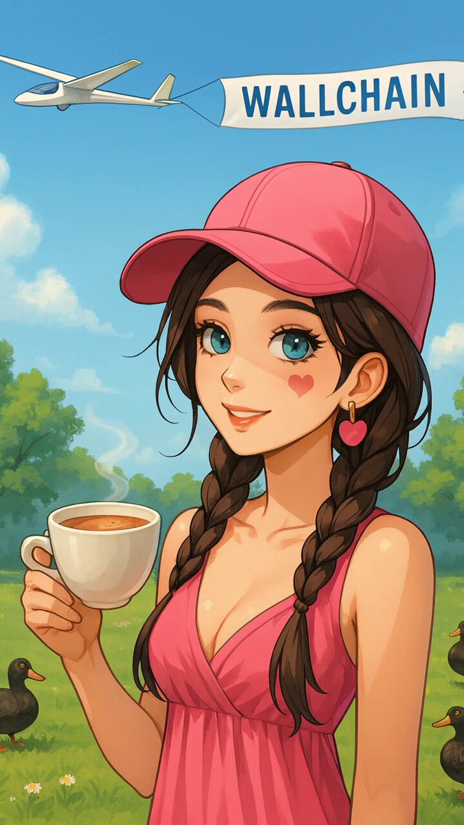 The image features a girl with long brown hair wearing a pink hat and a pink dress holding a cup of coffee while standing outside. The caption reads "Good morning fam! My @wallchain routine is pretty simple at this point. Grab a coffee Check what's happening Leave a few comments Share a few thoughts Collect some Quacks Then do it again tomorrow".