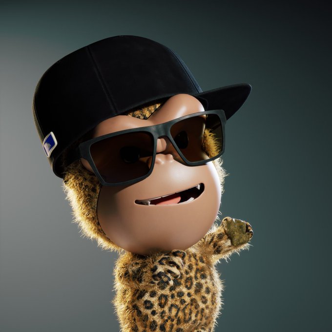 The image features a cartoon character, possibly a monkey or a leopard, wearing sunglasses and a baseball cap with a logo on it. The character appears to be smiling and waving at the camera. The background of the image is black, which contrasts with the colorful and lively nature of the cartoon character. The caption below the image reads: "GM! Highlighting a project a day! @flingersonape is a project that’s so unique with their art. Any time you go in @OthersideMeta you always see something new with their art. @hypha3d does a lot for so many projects and in such high quality too."