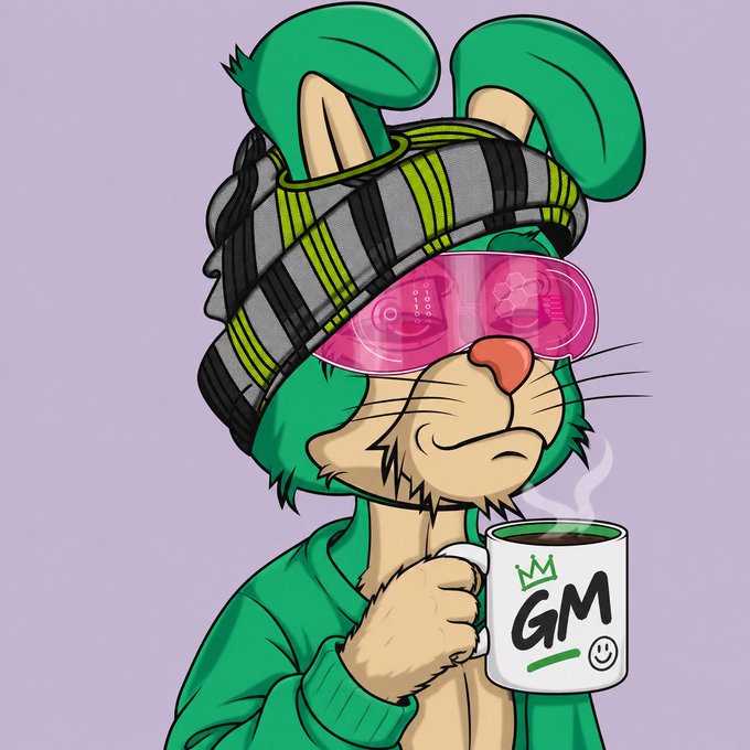 A cartoon illustration of a green rabbit-like character wearing a striped beanie and pink cyberpunk-style VR goggles, holding a white mug labeled 'GM' with a smiley face and steam rising from it.