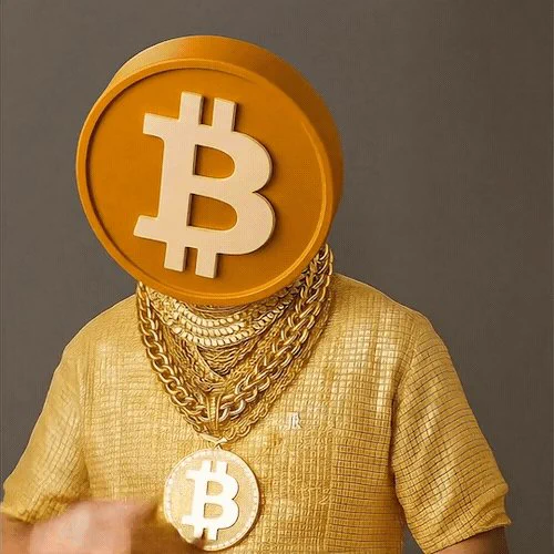 A person wearing a gold shirt, gold chains, and a large gold Bitcoin medallion, with their head replaced by a giant Bitcoin coin.