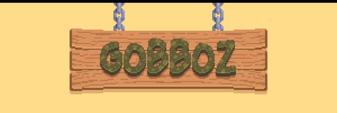 The image shows a pixel-art wooden sign hanging by chains against a yellow background, displaying the name "GOBBOZ" in green mossy lettering. This serves as a branded logo for the @gobbozHQ giveaway mentioned in the post, which is offering 100 GTD and 50 FCFS spots to be claimed via the linked Google form.