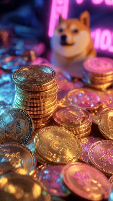 A Shiba Inu dog figure sits behind stacks of gold cryptocurrency coins illuminated by vibrant pink and blue neon lighting.