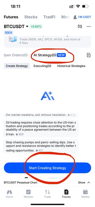 The image shows a cryptocurrency trading platform with "AI Strategy (0) NEW" highlighted, alongside a red circle around the "Start Creating Strategy" button. This visual directly relates to the post by showcasing the platform where new AI trading strategies can be initiated.