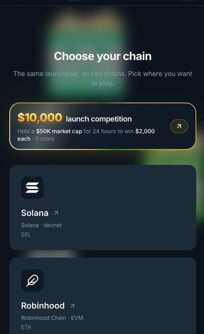 A dark-themed interface titled 'Choose your chain' with a $10,000 launch competition banner, offering selection between Solana (devnet) and Robinhood Chain (EVM).