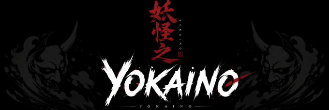 A dark banner for 'YOKAINO' featuring stylized text with red Japanese characters '妖怪之' above and two horned demon masks flanking the central logo.