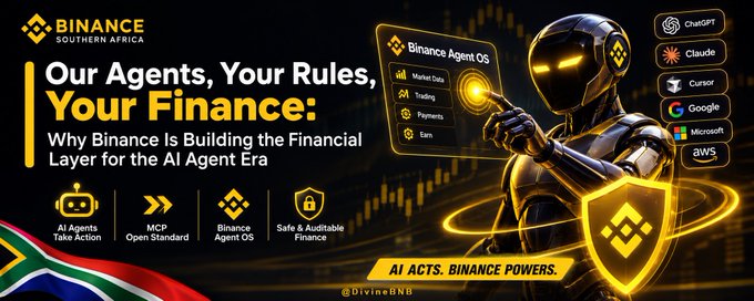 A Binance advertisement for Southern Africa features a robot and the text 'Our Agents, Your Rules, Your Finance: Why Binance Is Building the Financial Layer for the AI Agent Era' with partner logos including ChatGPT, Claude, and Google, plus the text 'AI ACTS. BINANCE POWERS.'