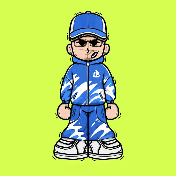 A chibi-style cartoon character wearing a blue tracksuit, cap, and sunglasses stands on a vibrant lime green background, fitting the streetwear aesthetic of the "Street Born" NFT collection public mint announcement.