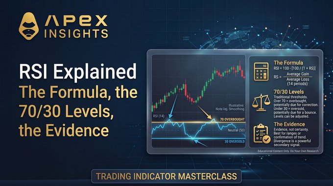 An 'Apex Insights' educational graphic titled 'RSI Explained: The Formula, the 70/30 Levels, the Evidence,' showing the RSI formula, a chart with overbought/oversold levels, and notes on trading signals.
