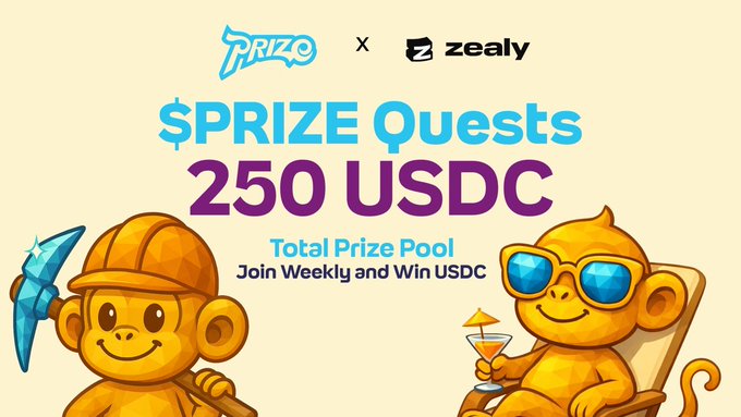A promotional graphic for Prize Protocol x Zealy featuring two cartoon monkeys—one holding a pickaxe in mining gear and another relaxing with a cocktail—advertising "$PRIZE Quests" with a "250 USDC Total Prize Pool" where users can "Join Weekly and Win USDC," tying into the post's theme of recycling dead memecoins for $PRIZE token rewards and leaderboard climbing.