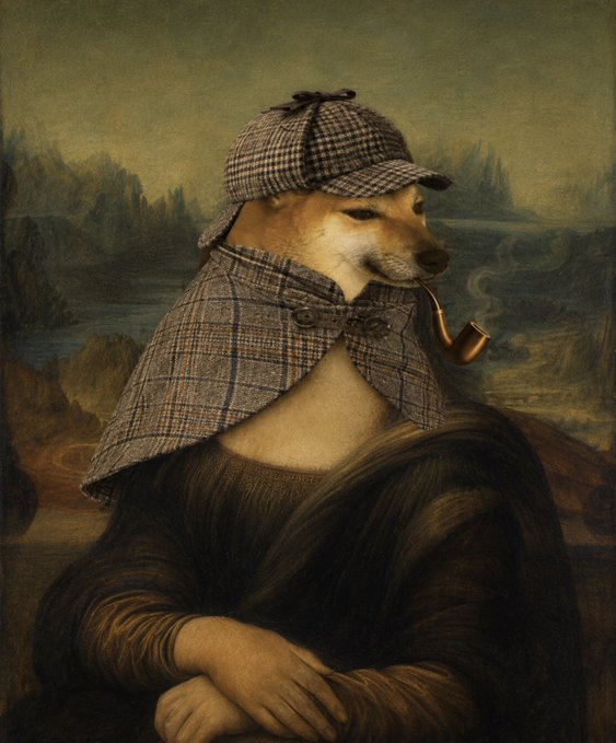 A digital recreation of the Mona Lisa painting featuring a Shiba Inu dog's head wearing a deerstalker hat, a plaid cape, and smoking a pipe.