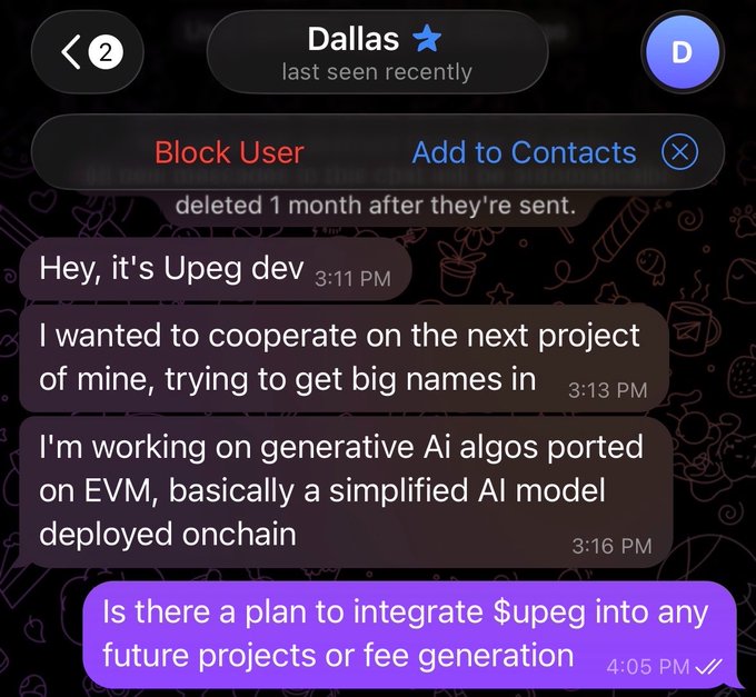 A Telegram chat screenshot with a user named 'Dallas' discussing cooperation for a project involving generative AI algorithms ported on EVM.