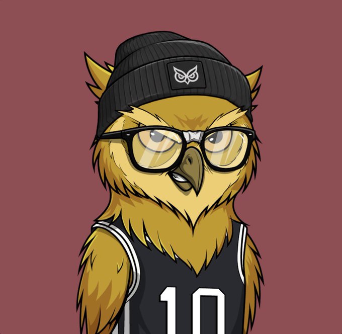 A cartoon owl mascot wearing a black beanie with an owl emblem, black glasses, and a black basketball jersey with the number "10" on it, set against a dark red background. The image represents the newly launched "Owltopia" Owl, connecting to the post announcing the mint of the new Gen 2 Owl NFT.