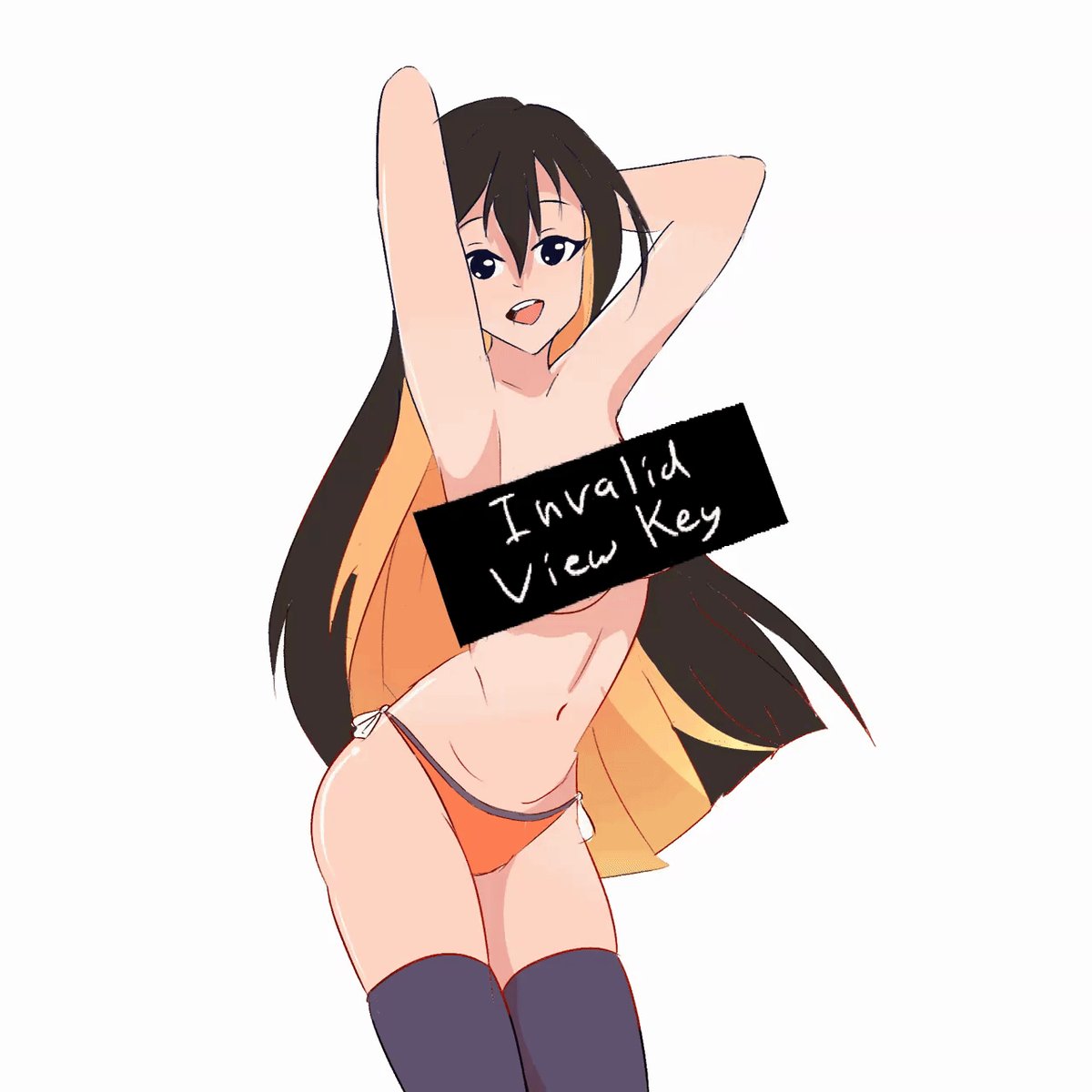 The image features an anime character, specifically a girl or woman, wearing a bikini bottom and stockings. She has long hair that reaches down her back. The girl appears to be posing for the camera with her arms raised above her head. There is also a note attached to her backside, which reads "INVALID KEY". This message seems to be a form of protest or statement against the use of her image in the post.