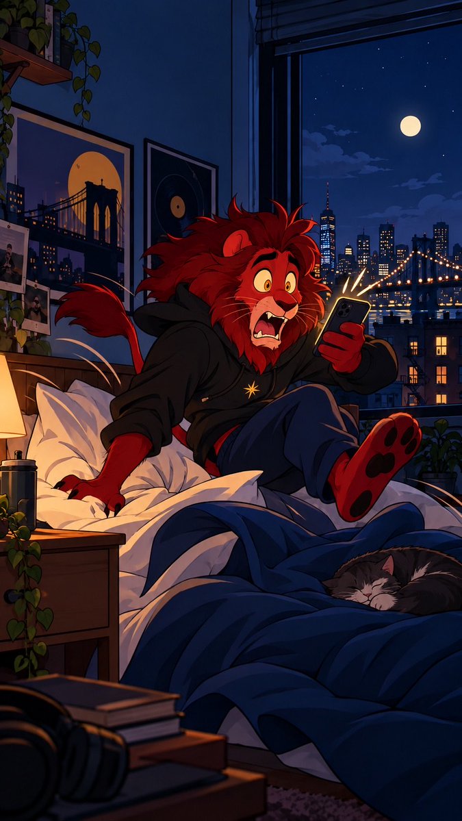 A digital anime-style illustration depicting an anthropomorphic red lion character in a hoodie sitting on a bed looking shocked at his phone, with a sleeping cat nearby and a moonlit city skyline with a bridge visible through the window.