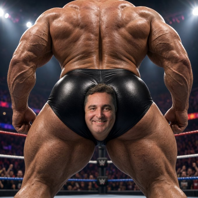 An AI-generated, exaggerated image depicts a massive bodybuilder facing away in a wrestling ring, with a small, separate face of the same individual superimposed over the buttocks area of black trunks. The "WWE" logo is visible on the turnbuckles, and the caption "gm to all of my haters" pairs with the absurd, photoshopped physique as a humorous, defiant flex.