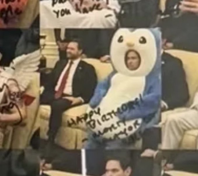 An audience member holding a panda mascot cutout sign reading 'Happy Pi Day! Thank You NY' in what appears to be a theater or legislative setting.