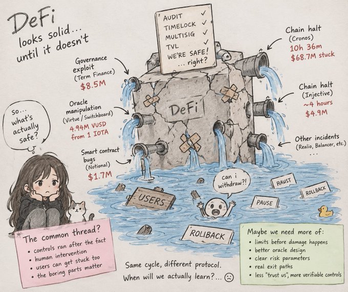 A hand-drawn illustration titled 'DeFi looks solid… until it doesn't' depicts a leaky dam labeled 'DeFi' with various exploits and chain halts annotated, alongside commentary on common threads and potential solutions.