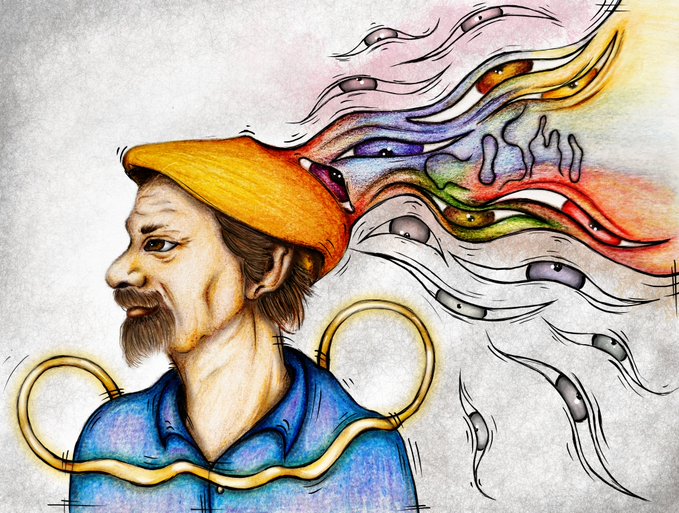 A colorful artistic illustration of a man in profile wearing an orange cap, with surreal flowing shapes and small ghost-like figures emanating from his head.