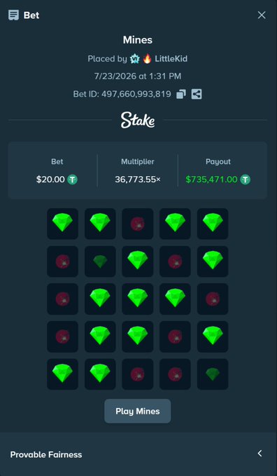 A Stake.com bet slip showing a $20 Mines wager placed by "LitteKid" on 7/23/2026 that hit a 36,773.55× multiplier for a $735,471.00 payout, with a grid of revealed gems and mines displayed beneath. The image illustrates the massive win referenced in the post, serving as visual proof of the user's successful bet on Stake.