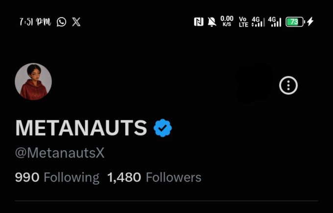 A dark-mode screenshot of an X (formerly Twitter) profile for the verified user 'METANAUTS' (@MetanautsX), showing '990 Following' and '1,480 Followers' at 7:51 pm.