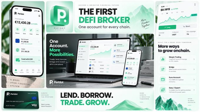 A promotional graphic for 'Peridot' DeFi Broker features the tagline 'THE FIRST DEFI BROKER' and 'LEND. BORROW. TRADE. GROW.', displaying app and website interfaces with portfolio data including 'XLM $0.1915'.